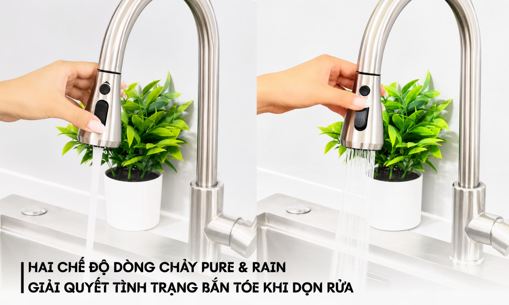 Pure & Rain – 2 chế độ dòng chảy mới trên vòi rửa bát KEEPER giúp hạn chế bắn tóe hiệu quả